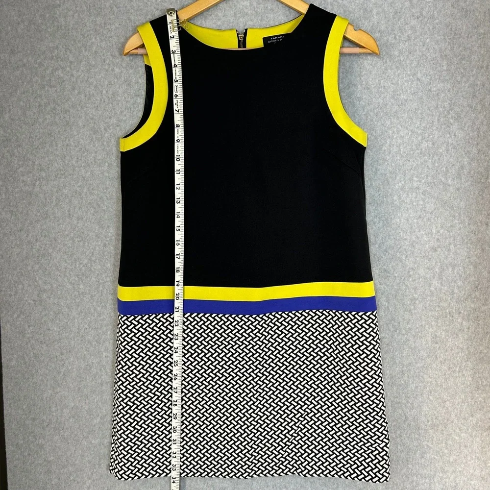 Tahari Arthur S Levine Black Yellow Blue Geometric Sheath Dress Size 6 Petite 6P